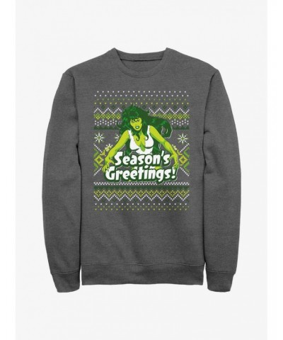 Marvel Hulk She-Hulk Season's Greetings Ugly Christmas Sweatshirt $10.04 Sweatshirts