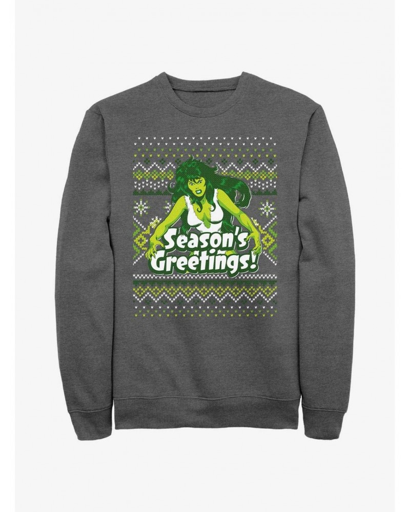 Marvel Hulk She-Hulk Season's Greetings Ugly Christmas Sweatshirt $10.04 Sweatshirts